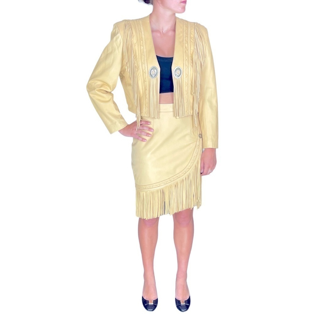 VINTAGE CONTINENTAL LEATHER SOUTHWEST BOLERO FRINGE CONCHO LAMB JACKET SKIRT SET - Picture 2 of 16